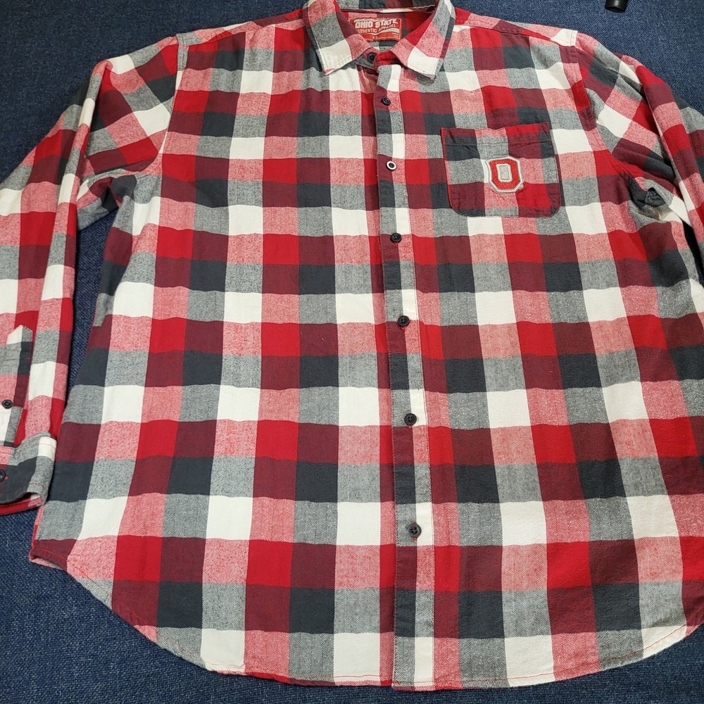 Ohio State Buckeyes Men XL Red Black Plaid Flannel Button Down Shirt Cotton NCAA